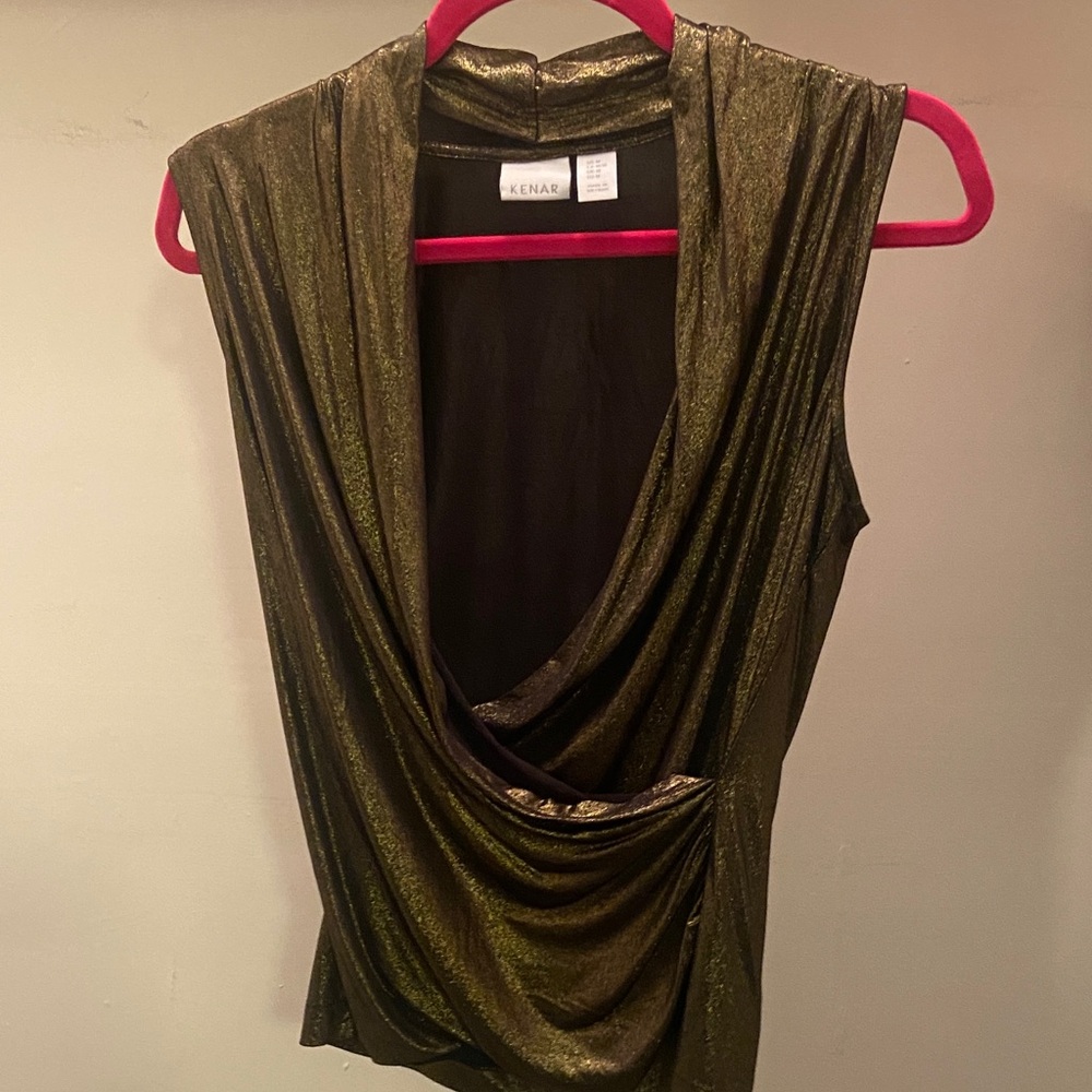 Kenar Metallic Olive Green Draped Cowl Neck Sleeveless Top
